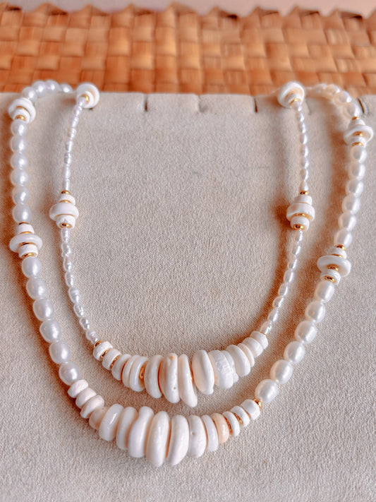 Maka Necklace - Gold, Puka Shells and Pearls